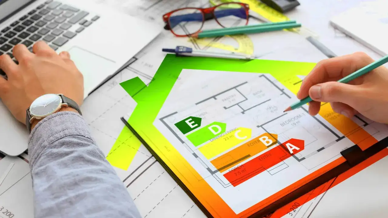 Rysunek domu z klasyfikacją energetyczną od A do E. Inżynier analizuje projekt, przygotowując świadectwo energetyczne.