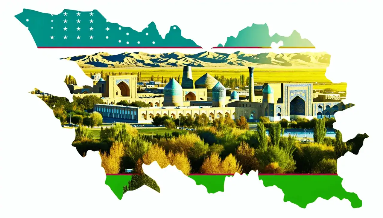 Mapa Uzbekistanu z widokiem na zabytkowe budowle i krajobraz.