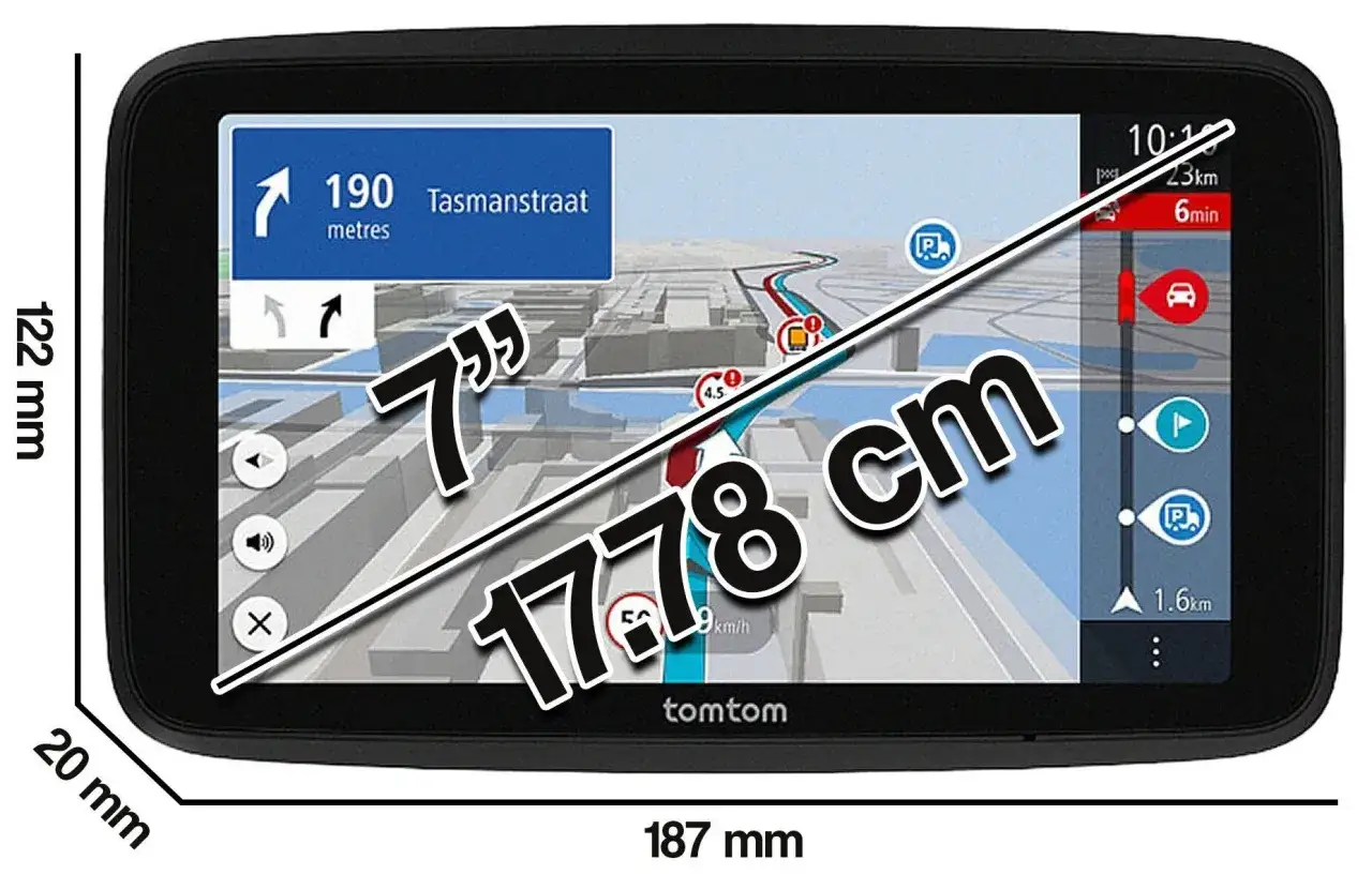 Nawigacja TomTom z ekranem 7 cali (17,78 cm) wyświetlająca trasę z informacjami o ruchu drogowym.