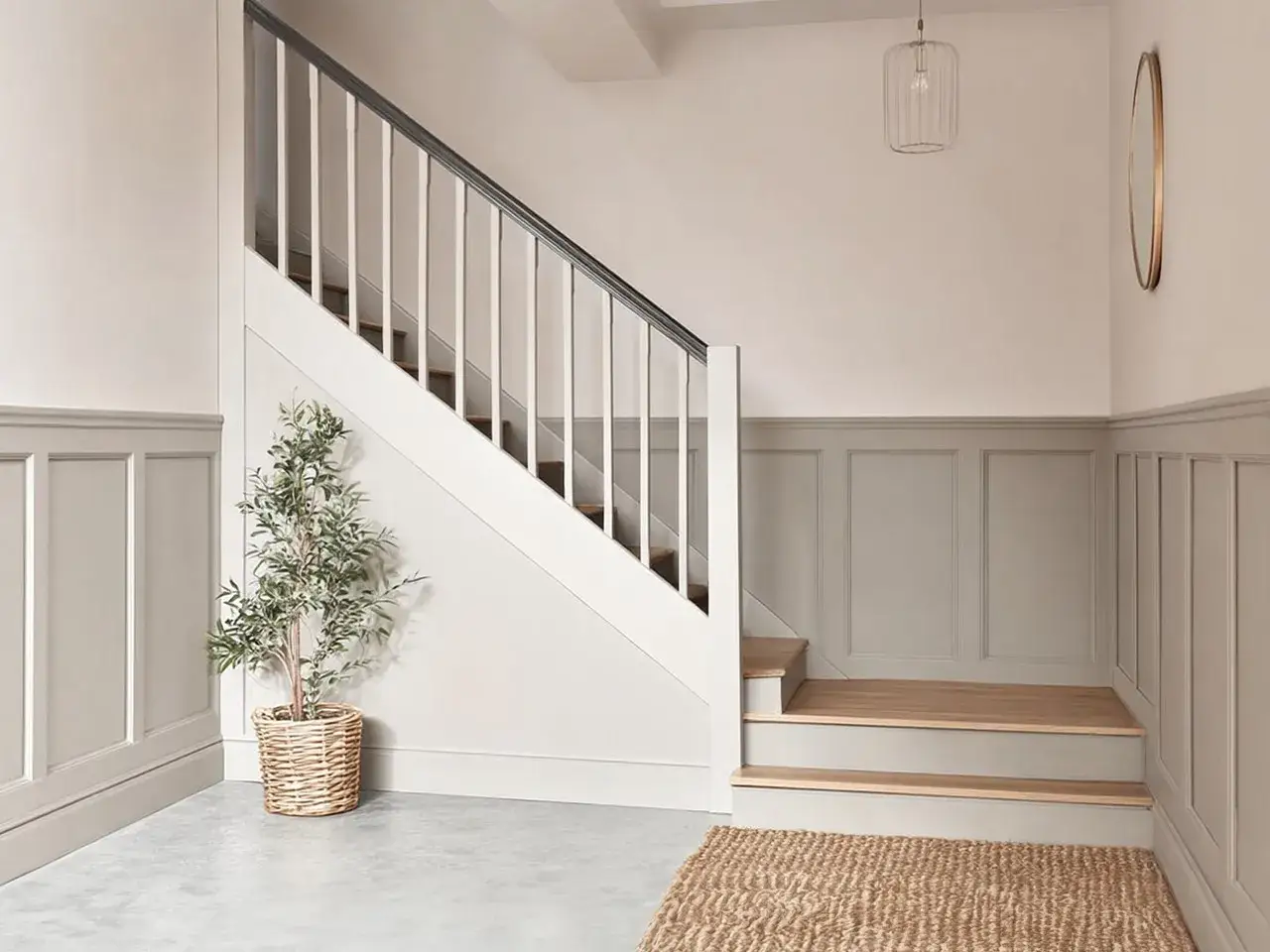 Elegancka boazeria na klatce schodowej dodaje wnętrzu stylu. Jasne schody i zielona roślina tworzą przytulną atmosferę.