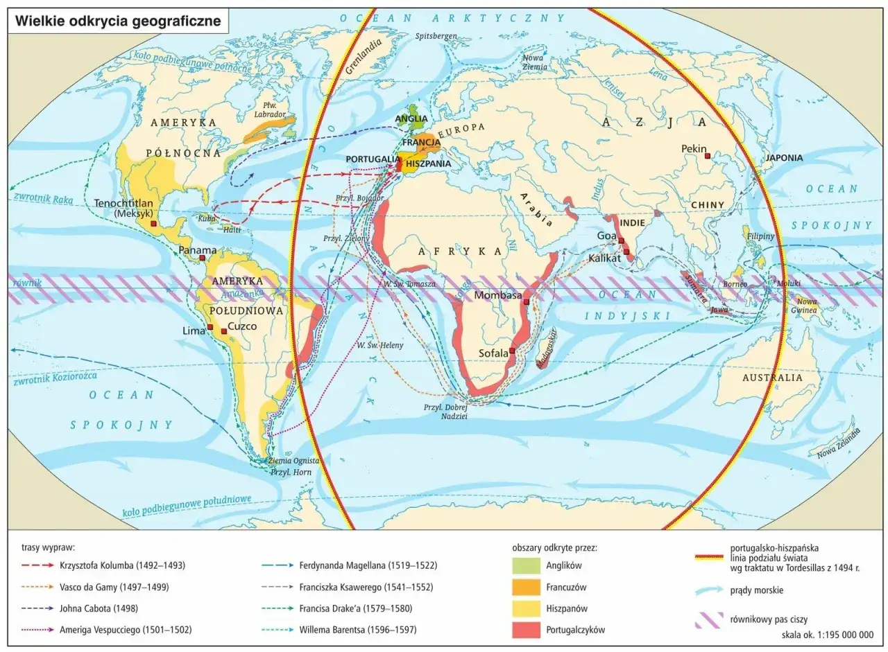 Mapa świata z zaznaczonymi trasami wielkich odkryć geograficznych i obszarami odkrytymi przez różne narody.
