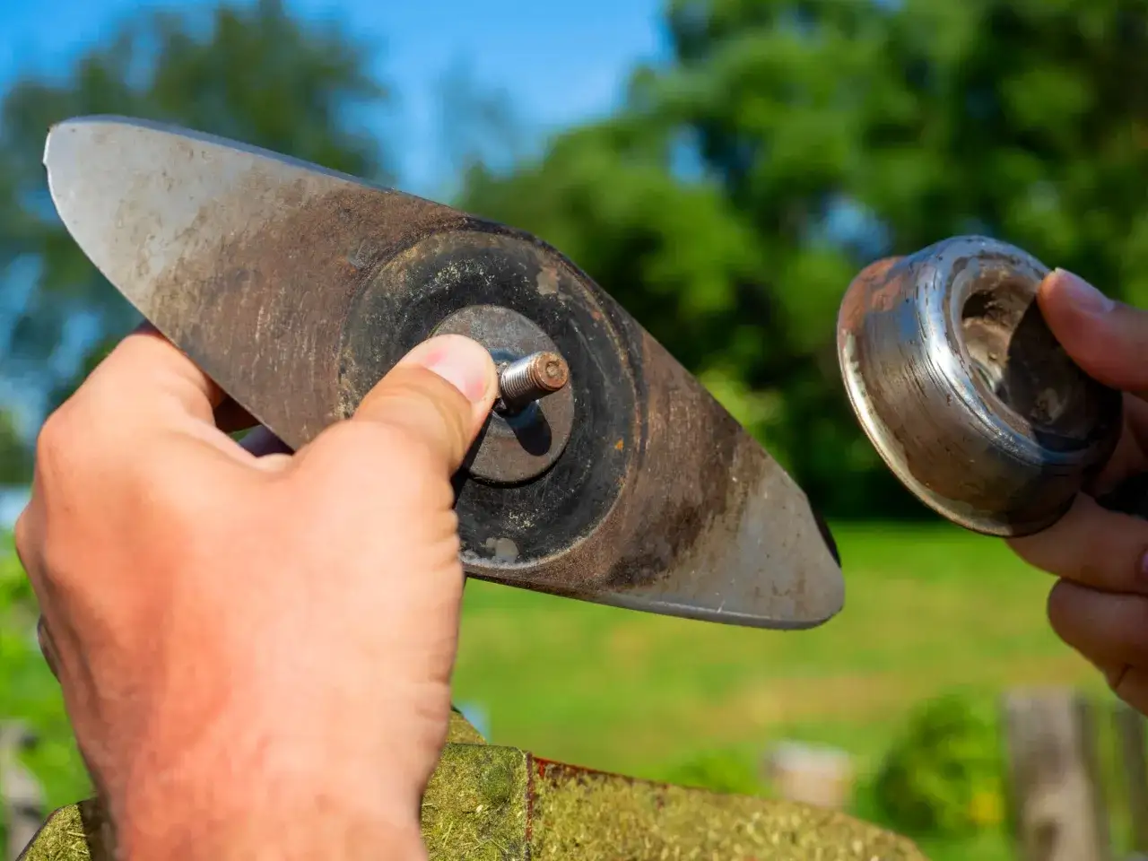 Dłoń trzyma nóż do kosiarki, przygotowując się do ostrzenia. Widać śruby mocujące.