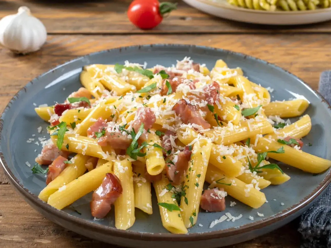 Penne rigate z chrupiącym boczkiem, posypane parmezanem i natką pietruszki. Pyszne makaron z boczkiem na talerzu.
