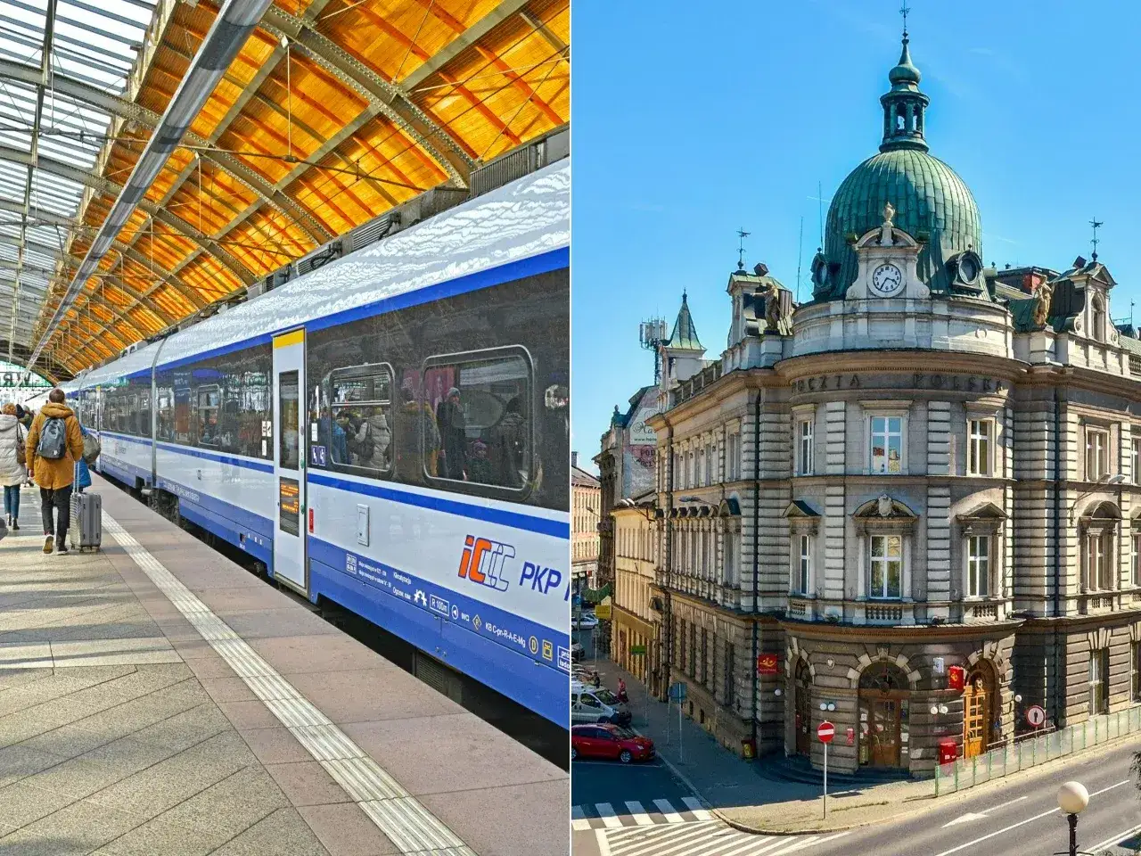Pociąg PKP IC na peronie, gotowy do podróży. Obok zabytkowy budynek Poczty Polskiej. Czy to początek drogi do Wiednia?