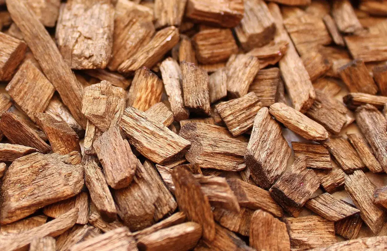 Drewniane wiórki, idealne do wędzenia. Taka ilość kory na metr kwadratowy nada potrawom głęboki aromat.