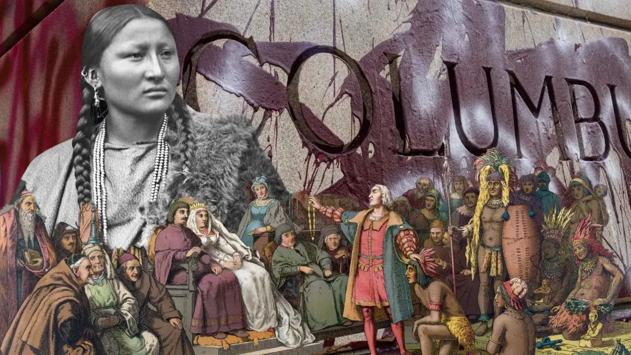 Kolumb i rdzenni mieszkańcy Ameryki na tle napisu "COLUMBUS".