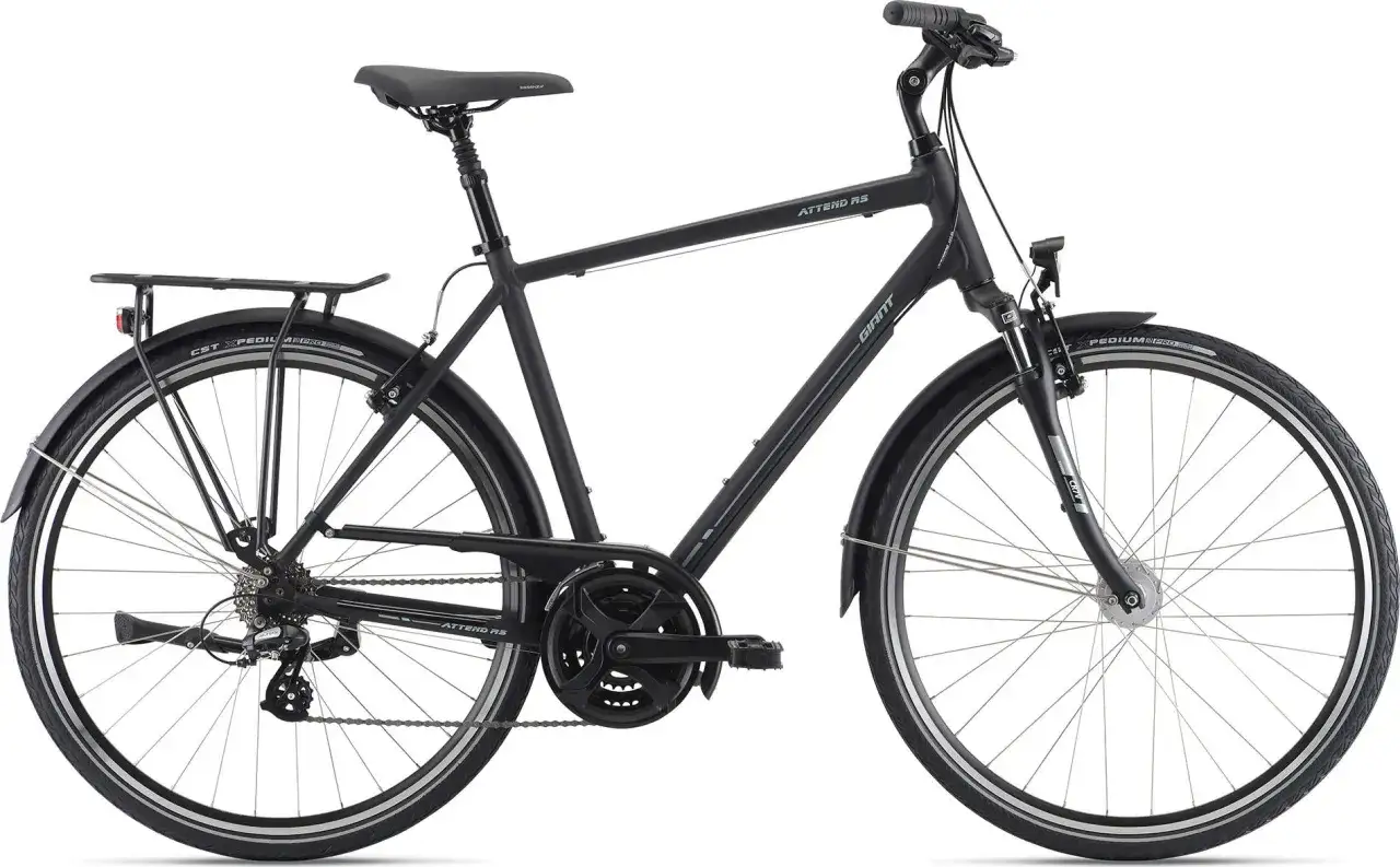 Czarny rower miejski Giant Attend RS. To świetna firma, jeśli szukasz solidnego roweru na co dzień.