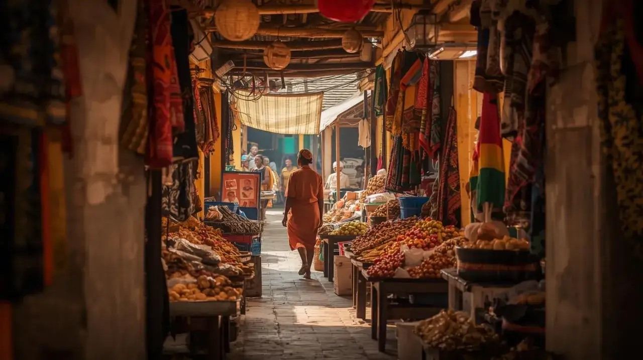 Kolorowy targ, gdzie leży mali, pełen owoców i tkanin.