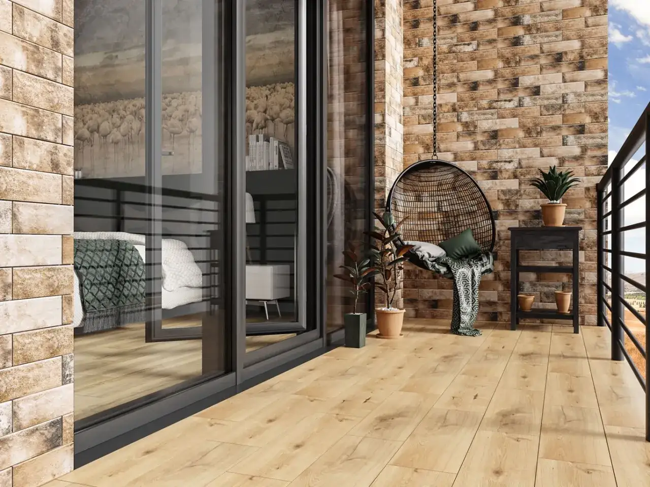 Nowoczesny balkon w bloku z wielkiej płyty, z fotelem wiszącym i widokiem na sypialnię.