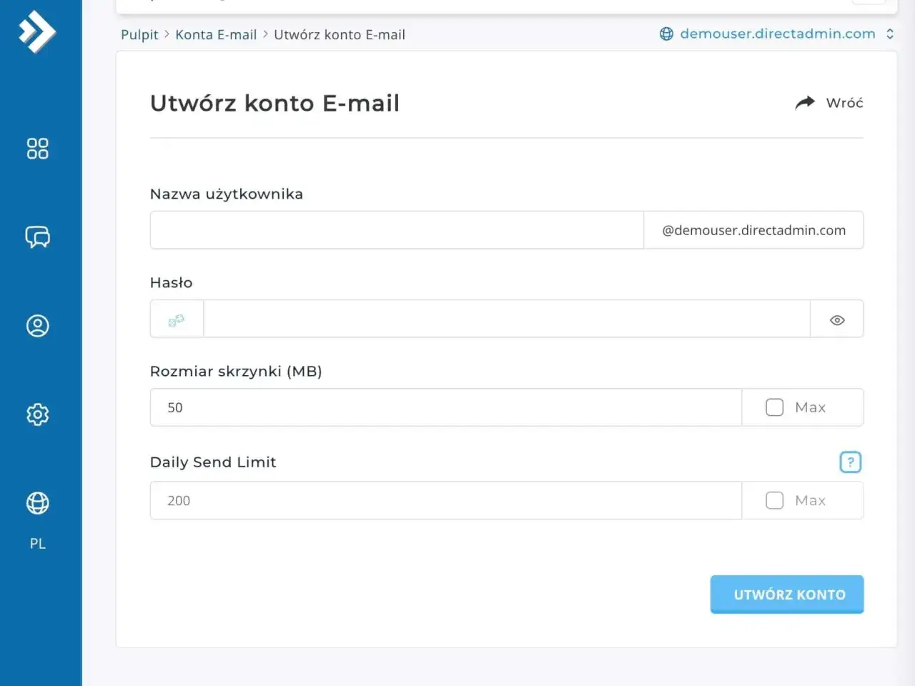 Formularz tworzenia konta e-mail z polami nazwy użytkownika, hasła, rozmiaru skrzynki i limitu wysyłki.