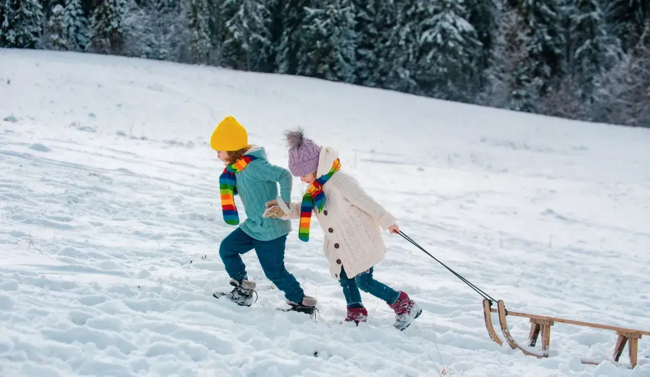 Dzieci w kolorowych szalikach ciągną sanki po ośnieżonym stoku. Idealny pomysł, gdzie w góry z dziećmi na zimową zabawę.