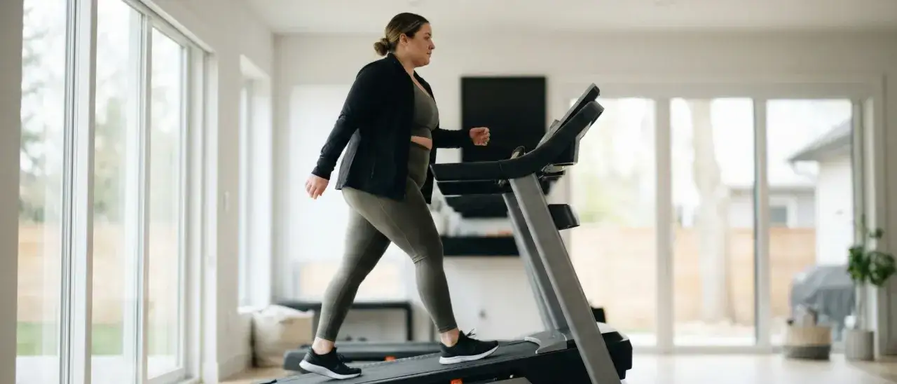 Kobieta ćwiczy na bieżni, zastanawiając się, ile chodzić na bieżni żeby schudnąć.