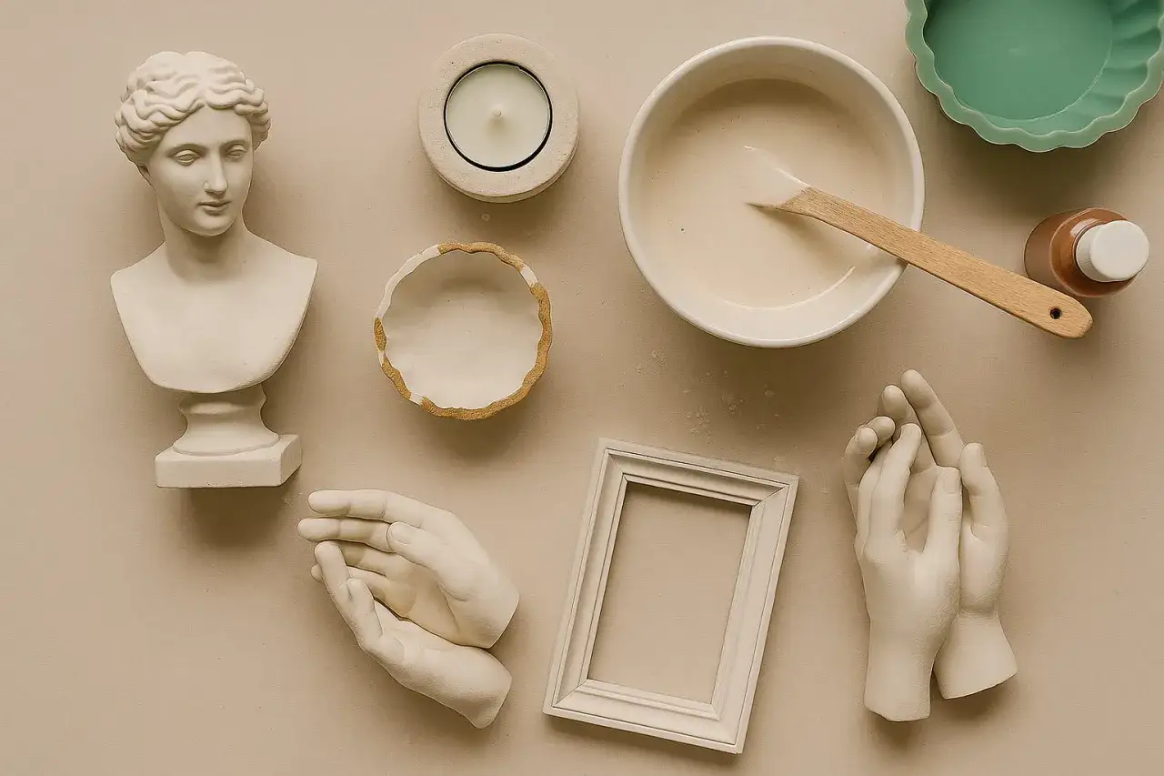Gipsowe odlewy: popiersie, dłonie, ramka, miska z masą i świeca.