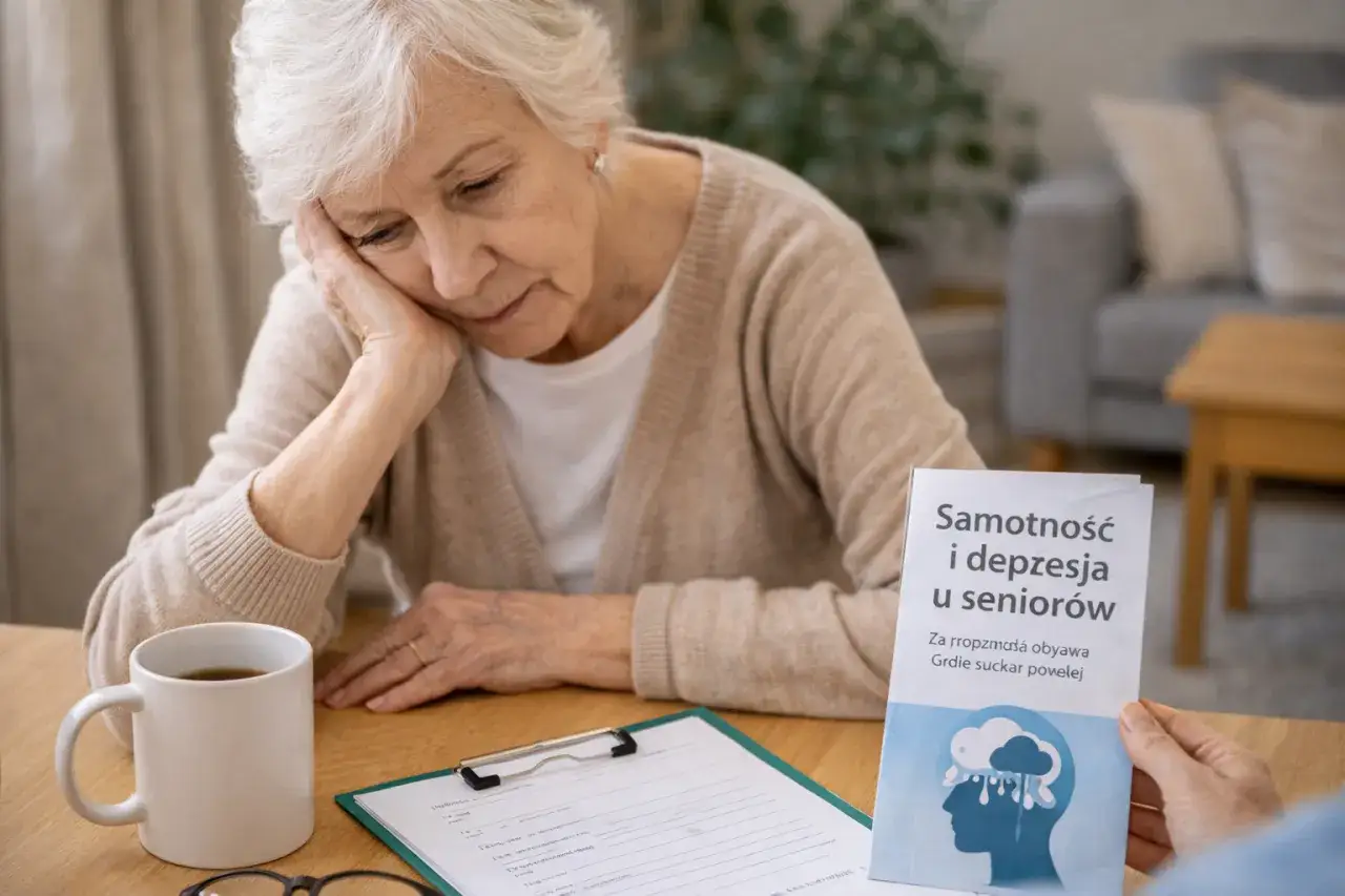 Smutna starsza kobieta z kubkiem herbaty. Na stole dokumenty i broszura "Samotność i depresja u seniorów". Zakażenie układu moczowego u osób starszych objawy mogą być mylone z depresją.