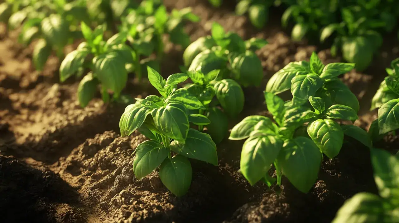 Młode, zielone sadzonki bazylii rosnące w rzędach na żyznej ziemi. Idealny czas, kiedy wysiać bazylię, to wiosna.