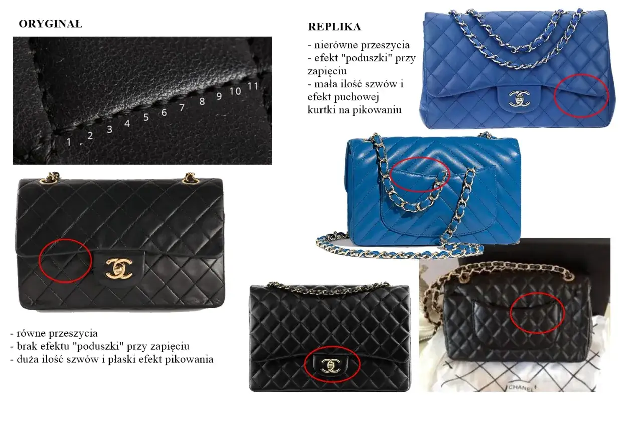 Porównanie oryginalnych i podrabianych torebek Chanel. Detale pikowania i zapięć pokazują różnice między oryginałami a replikami coco chanel torebki.
