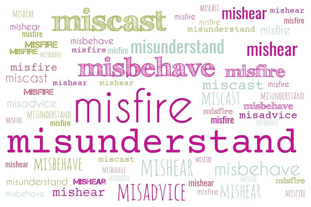 Prefix "co to" - słowa takie jak miscast, misfire, mishear, misbehave, misadvise, misundertand tworzą chmurę słów.