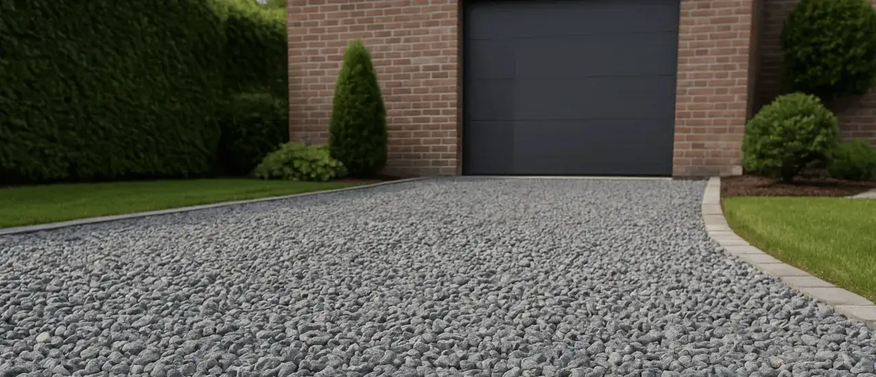 Szara, żwirowa nawierzchnia podjazdu przed garażem. Widać ceglaną ścianę, ciemną bramę garażową, żywopłot i trawnik.