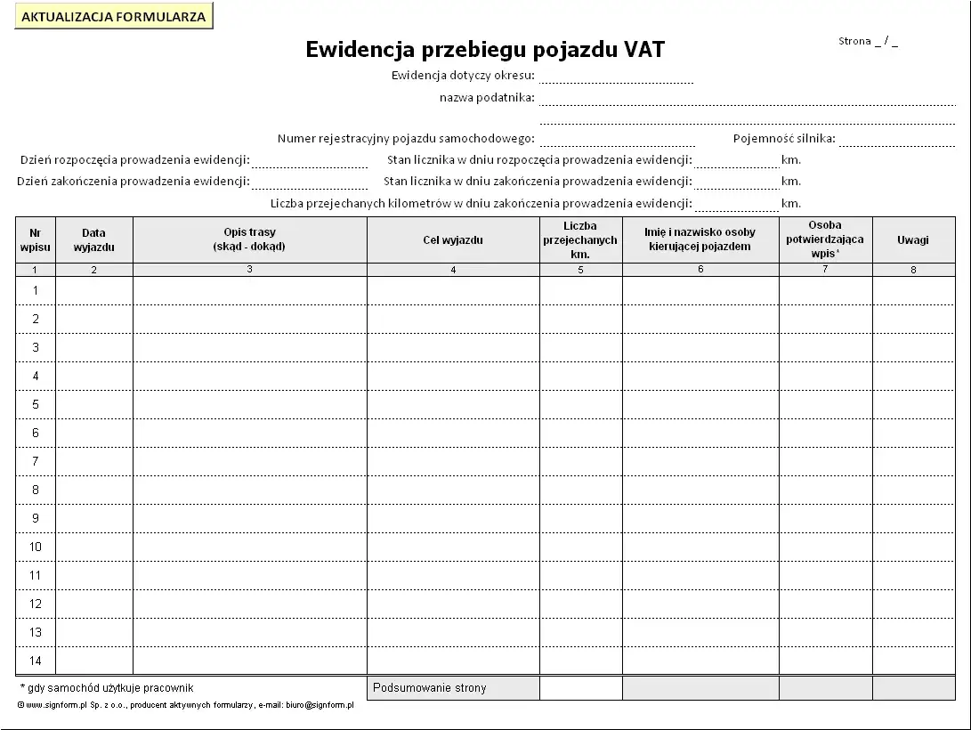 Ewidencja przebiegu pojazdu wzór: darmowy wzór do wydruku