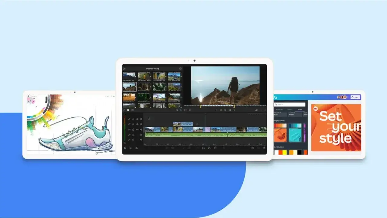 Drei Tablets zeigen Apps für Design, Videobearbeitung und Grafikgestaltung.