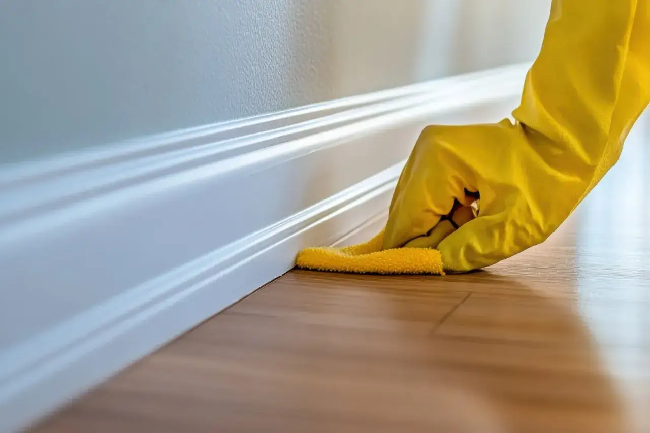 Dłoń w żółtej rękawiczce czyści białą listwę przypodłogową na drewnianej podłodze.