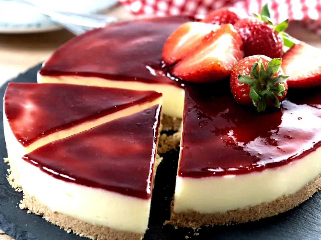 Sernik z polewą truskawkową i świeżymi owocami, pokrojony na kawałki.