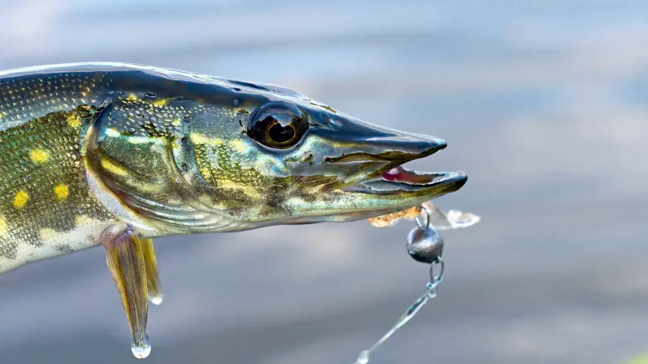 Szczupak z haczykiem w pysku na tle wody.
