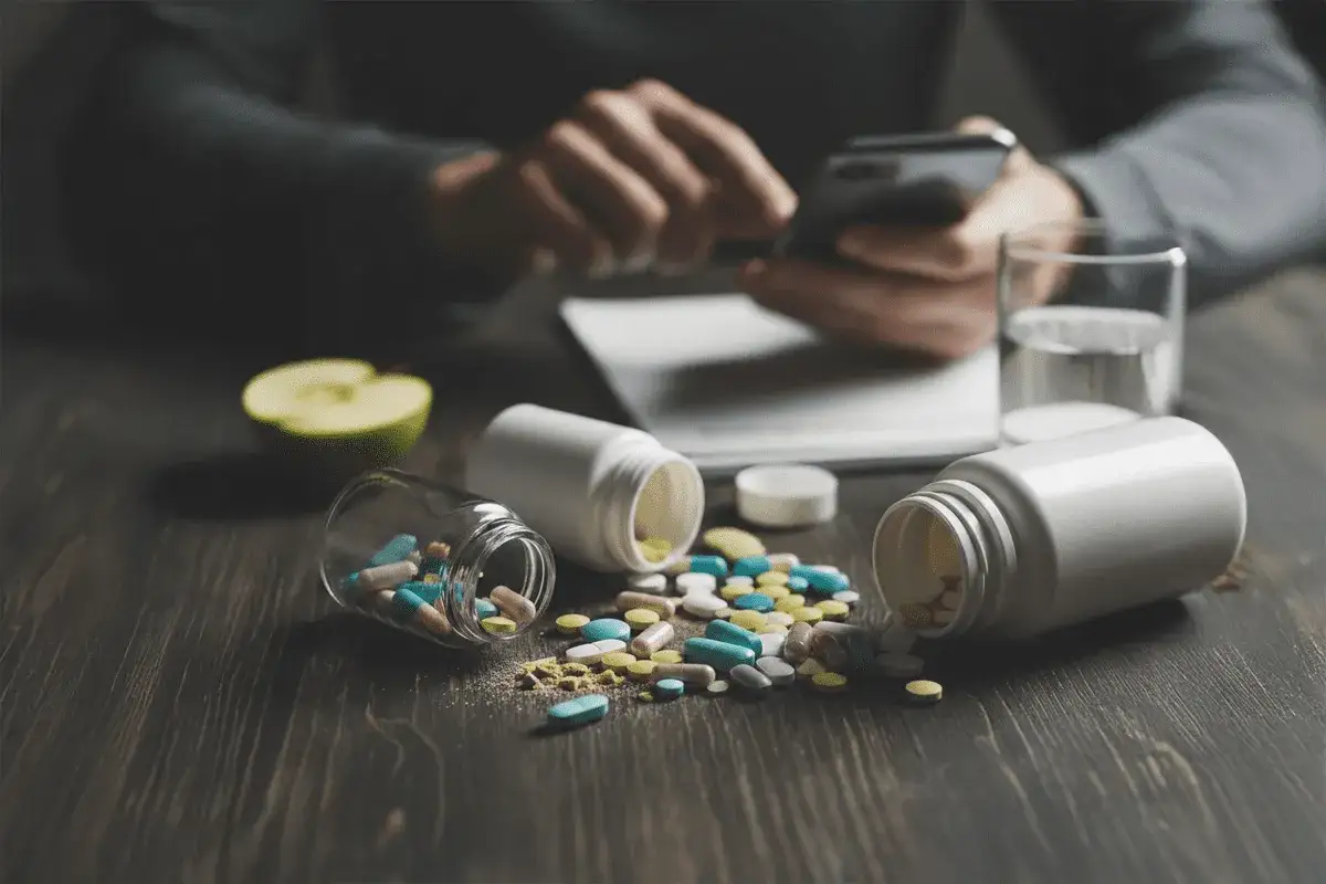 Kapsułki i tabletki rozsypane z buteleczek na drewnianym stole, obok jabłka i szklanki wody.