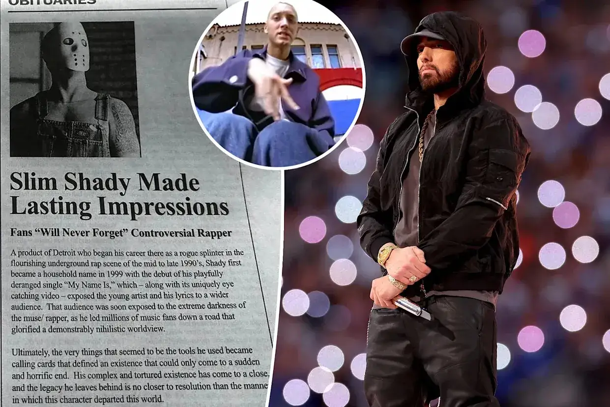 Eminem w kapturze i czarnej kurtce, obok fragmenty artykułu o Slim Shady.
