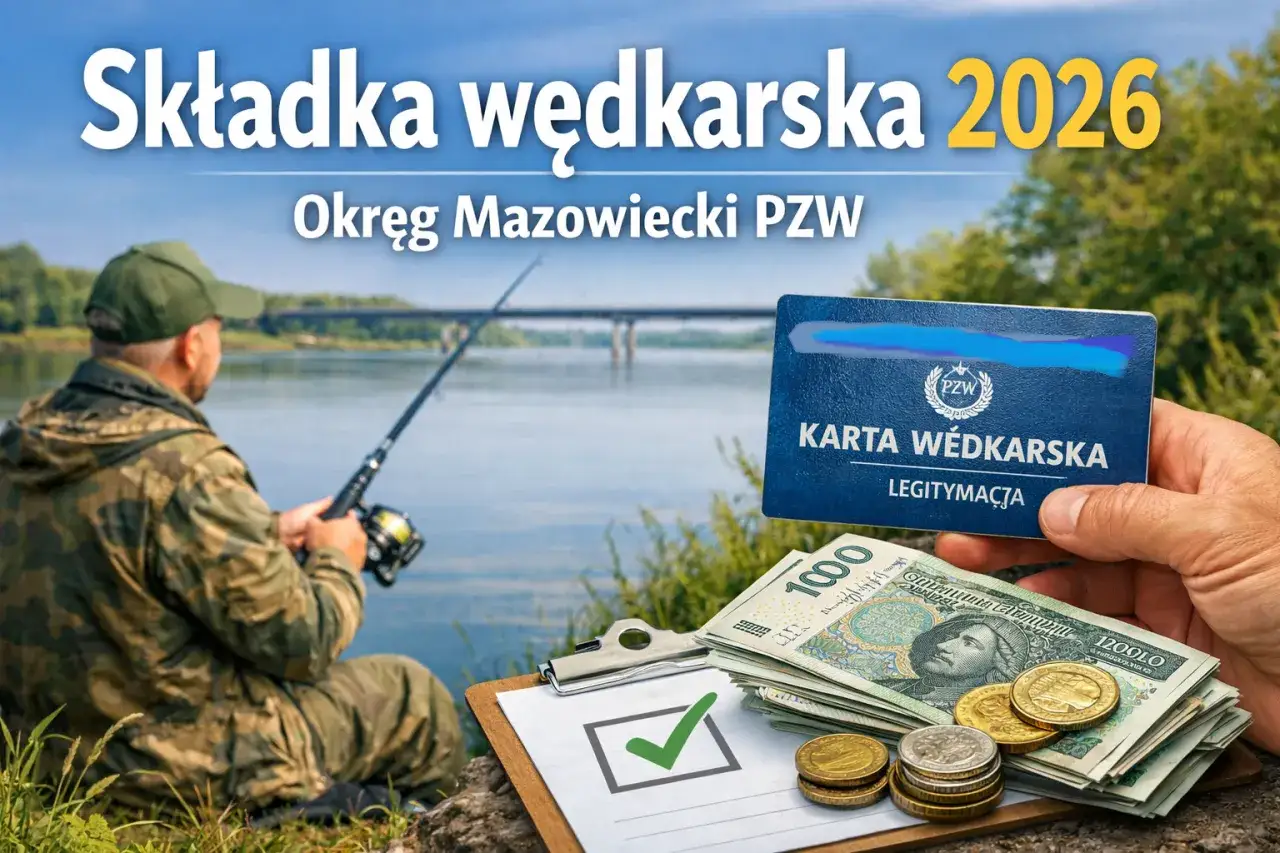 Jak opłacić kartę wędkarską 2026? Wędkarz z kartą, pieniędzmi i potwierdzeniem płatności nad wodą.
