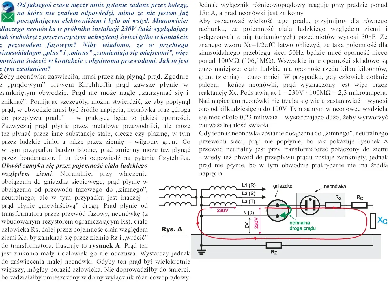 Schemat obwodu z neonówką i gniazdkiem. Pokazuje przepływ prądu przez ciało ludzkie, gdy dotknie się neonówki, tworząc ścieżkę z napięciem przewodowym.