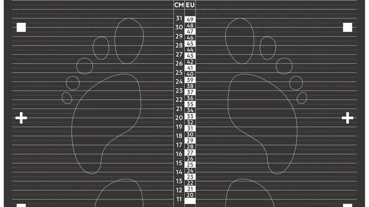 Schemat z obrysami stóp i tabelą rozmiarów butów w cm i EU.