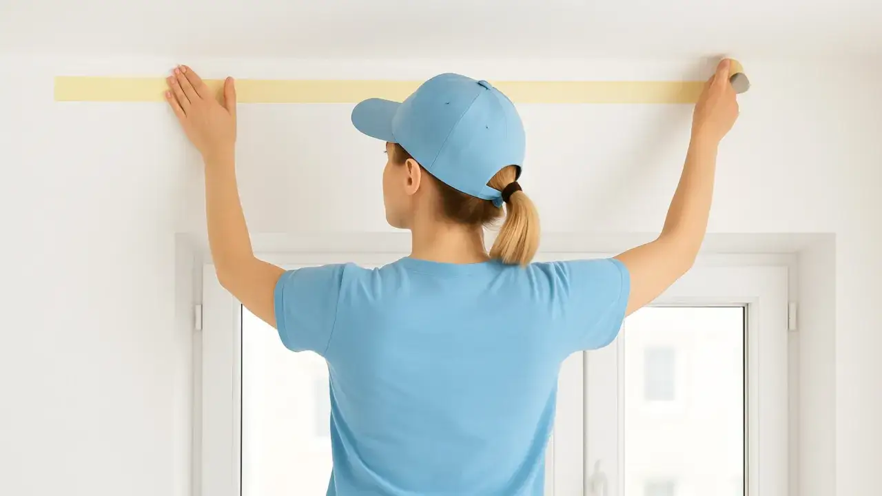 Kobieta w czapce i niebieskiej koszulce przykleja taśmę malarską, by zrobić równy pasek pod sufitem.