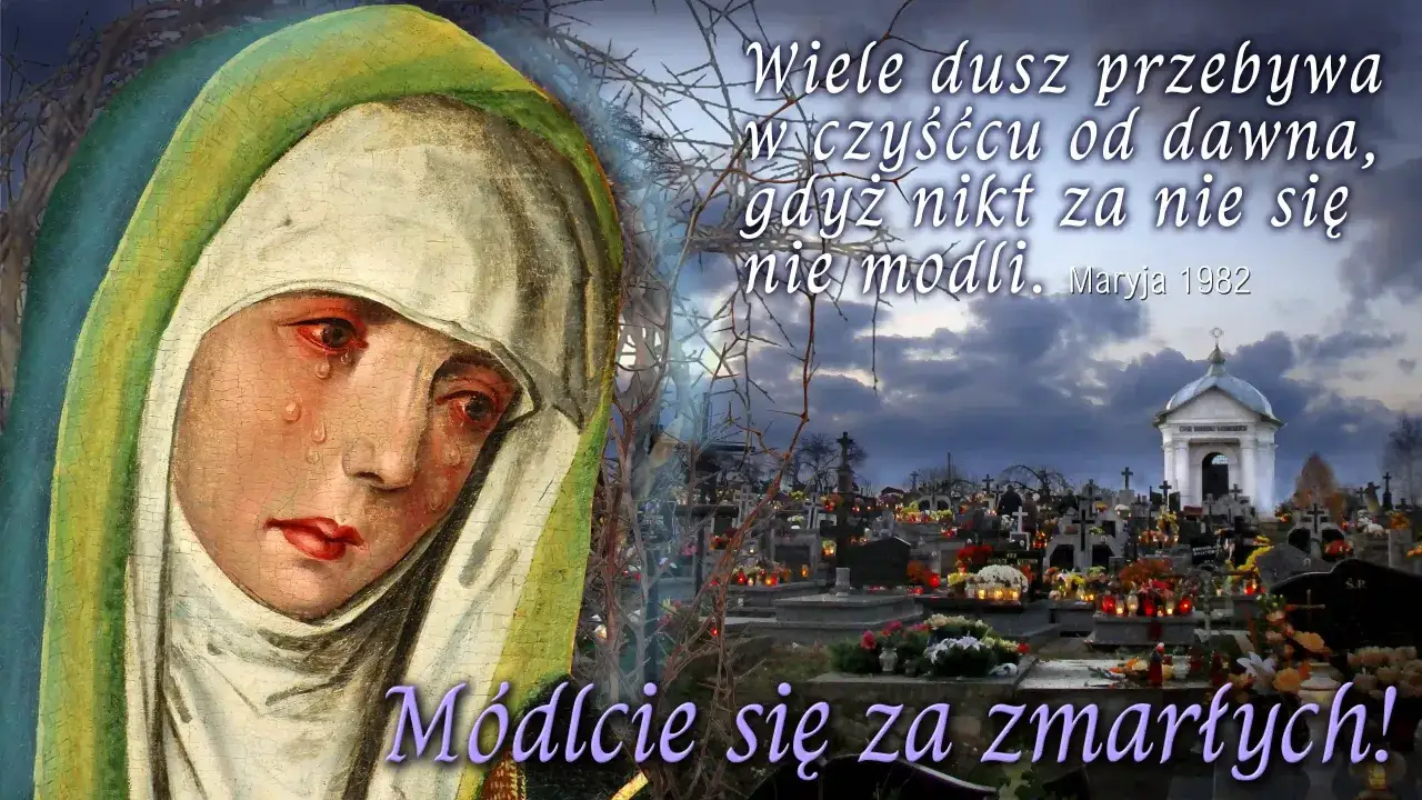 Obraz przedstawia płaczącą Matkę Boską na tle cmentarza z grobami i zniczami.