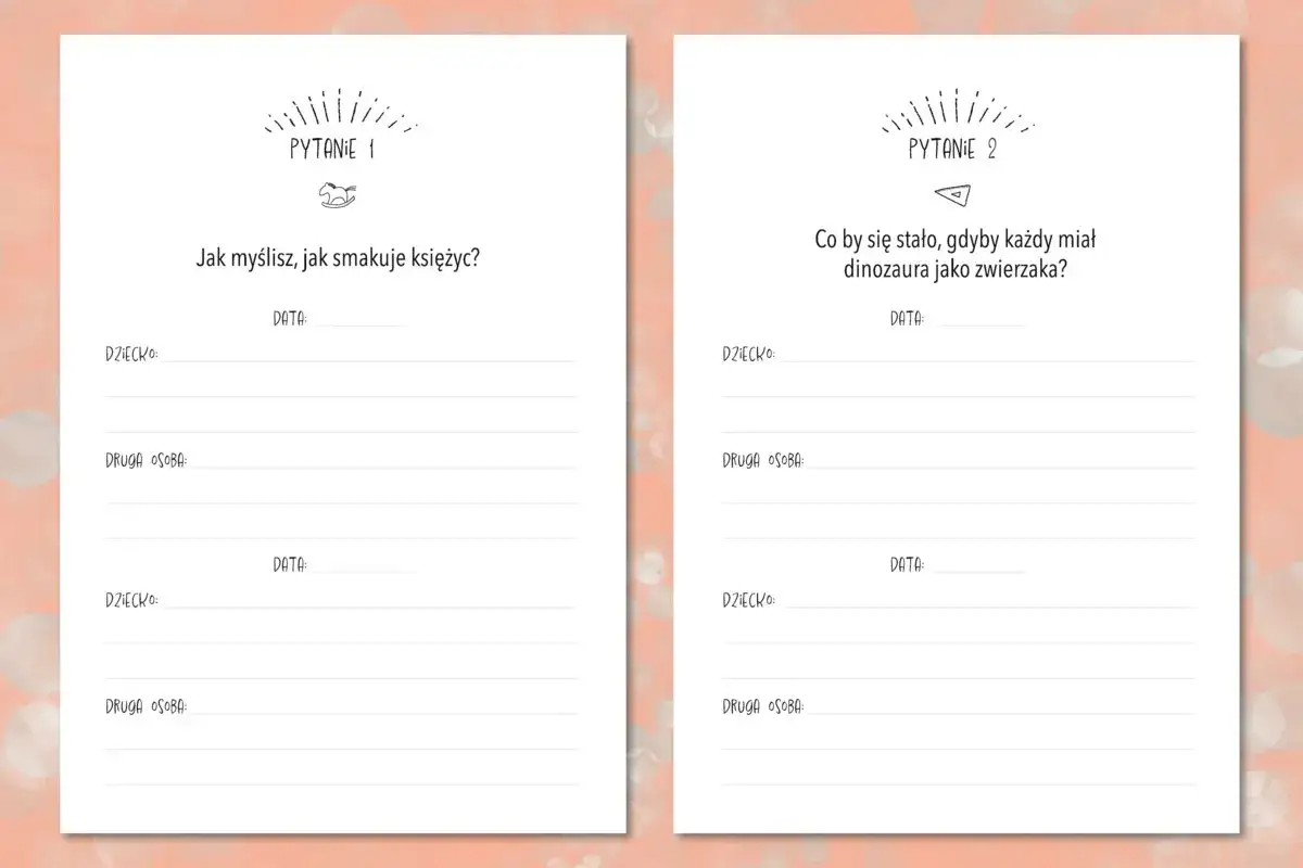 Zestaw pytań do rozmowy: "Jak smakuje księżyc?" i "Co by się stało, gdyby każdy miał dinozaura?". Idealne do wspólnego spędzania czasu.
