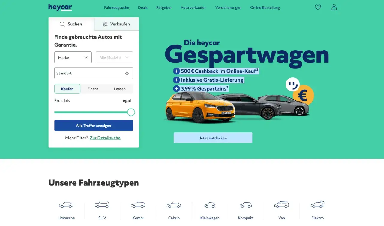 Strona główna Heycar z wyszukiwarką samochodów, ofertą "Gespartwagen" i ikonami typów pojazdów.