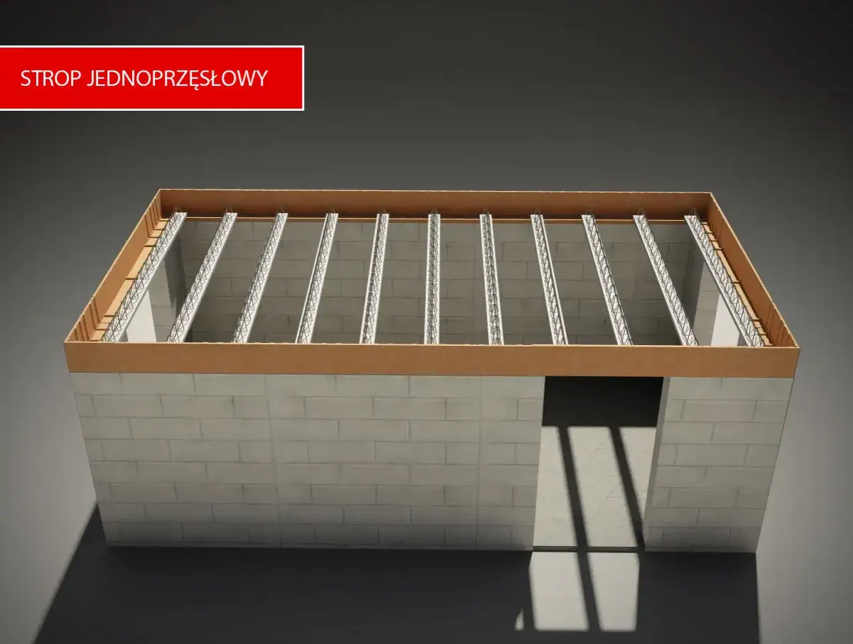 Model stropu jednoprzęsłowego z belkami i szalunkiem.