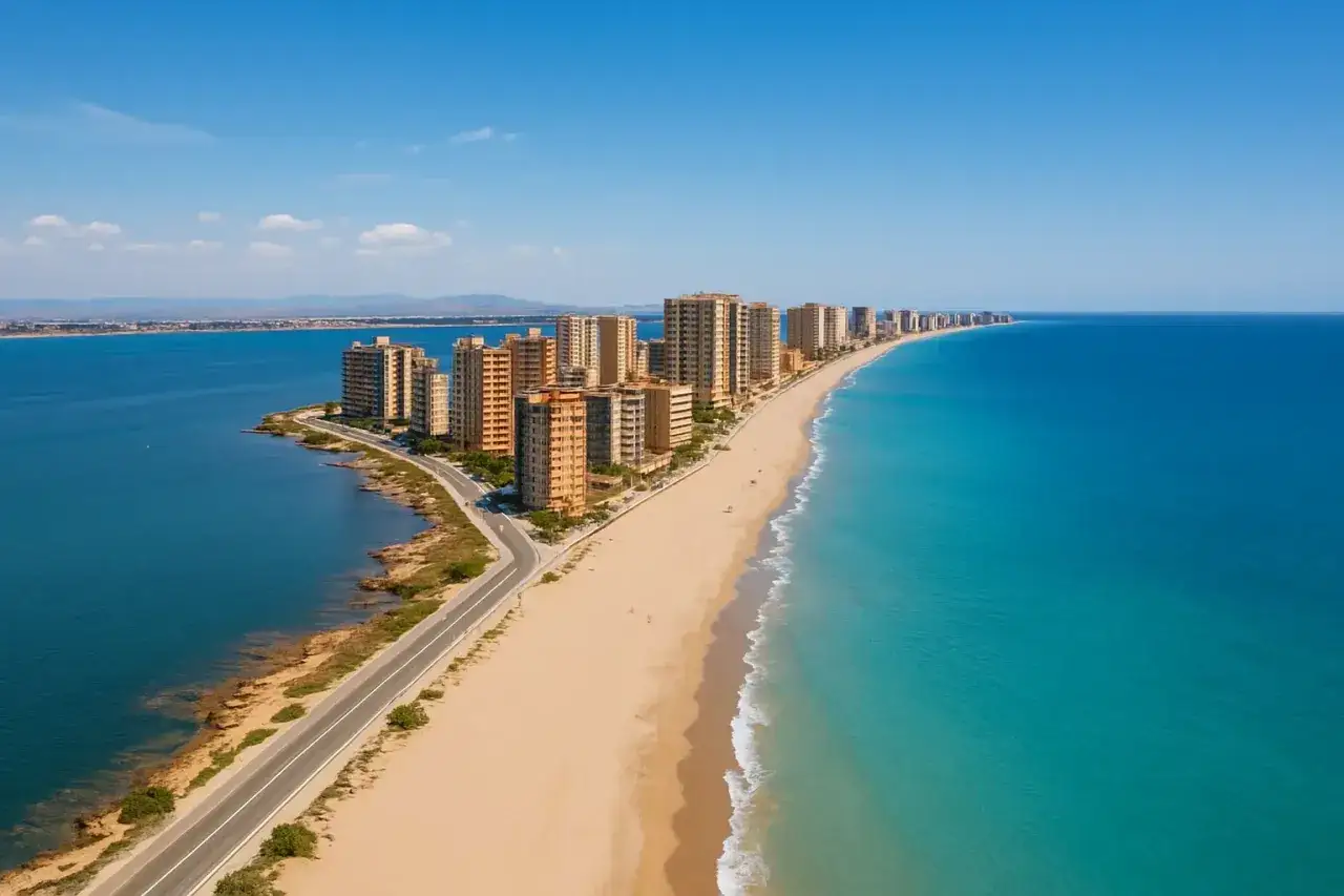 Hohe Gebäude säumen eine lange Sandbucht mit türkisfarbenem Meer und blauer Lagune.