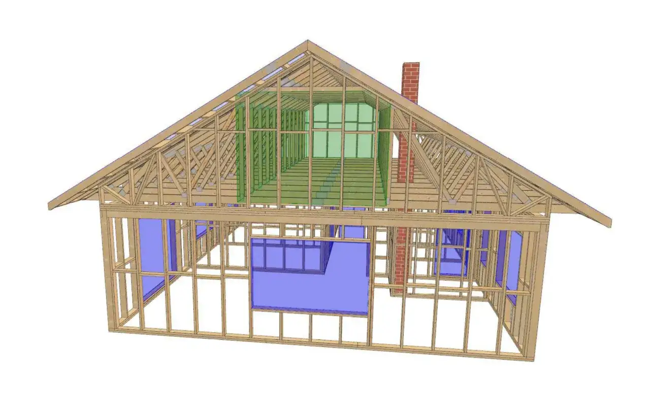 Szkielet drewnianego domu z zaznaczonymi oknami i stropem.