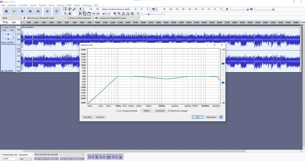 W programie Audacity widać okno "Filterkurve-EQ", które pokazuje, equalizer co to jest i jak działa. Wykres przedstawia regulację pasm częstotliwości.
