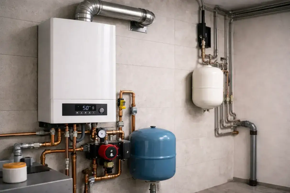 Nowoczesny kocioł gazowy z zasobnikiem i instalacją hydrauliczną na ścianie.