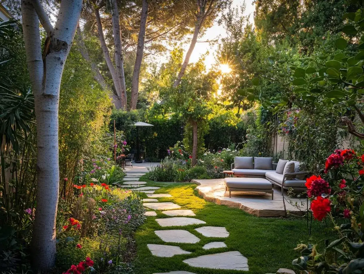 Słoneczny ogród z kamienną ścieżką, kwitnącymi kwiatami i wygodną sofą. Idealne hamak w ogrodzie inspiracje.