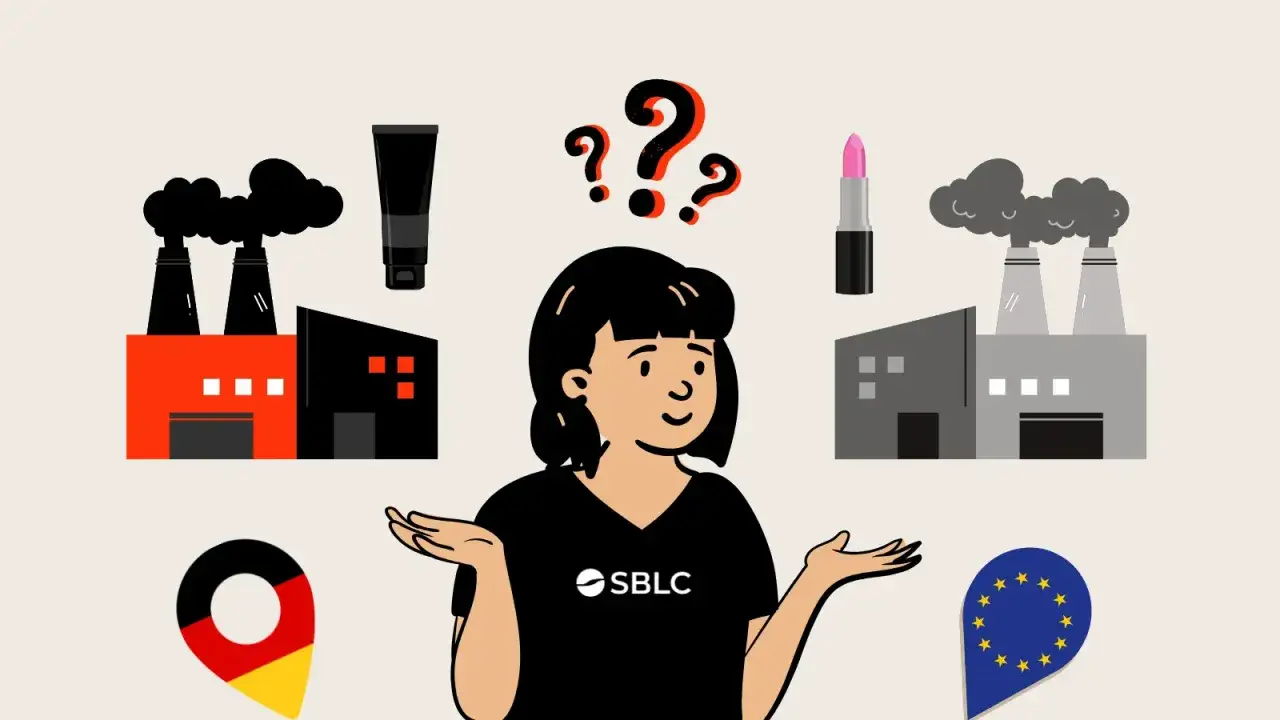 Frau mit Fragezeichen überlegt zwischen Fabriken, Kosmetikprodukten, Deutschland- und EU-Symbolen.