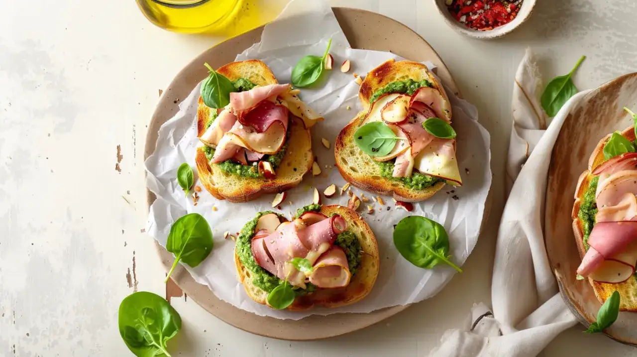 Pyszne kanapki z chrupiącą grzanką, aromatycznym pesto na kanapki, wędliną i świeżą bazylią.