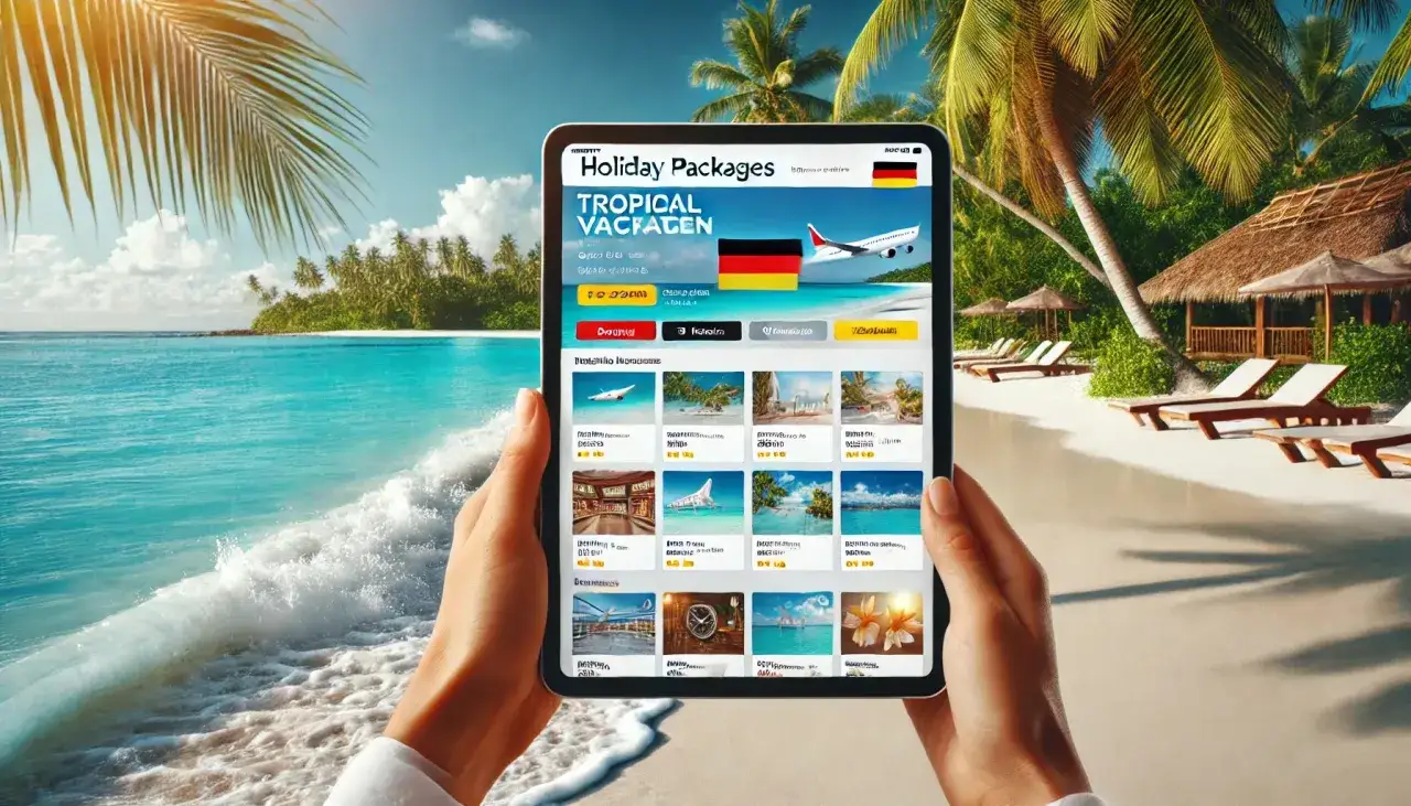 Tablet z ofertami wakacyjnymi na tle tropikalnej plaży z palmami i turkusową wodą.