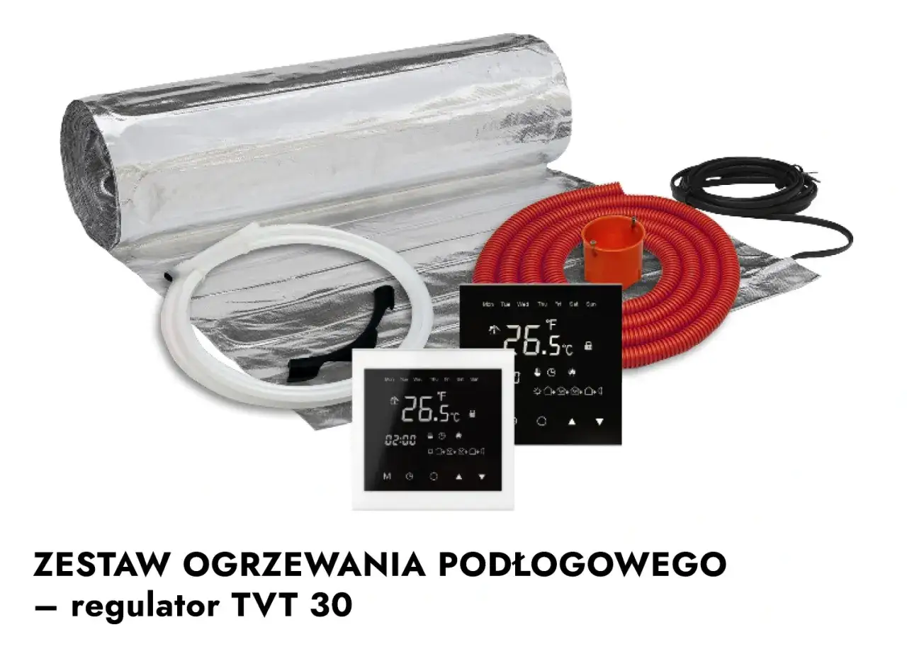 Zestaw ogrzewania podłogowego z matą grzewczą Thermoval, termostatem i akcesoriami.