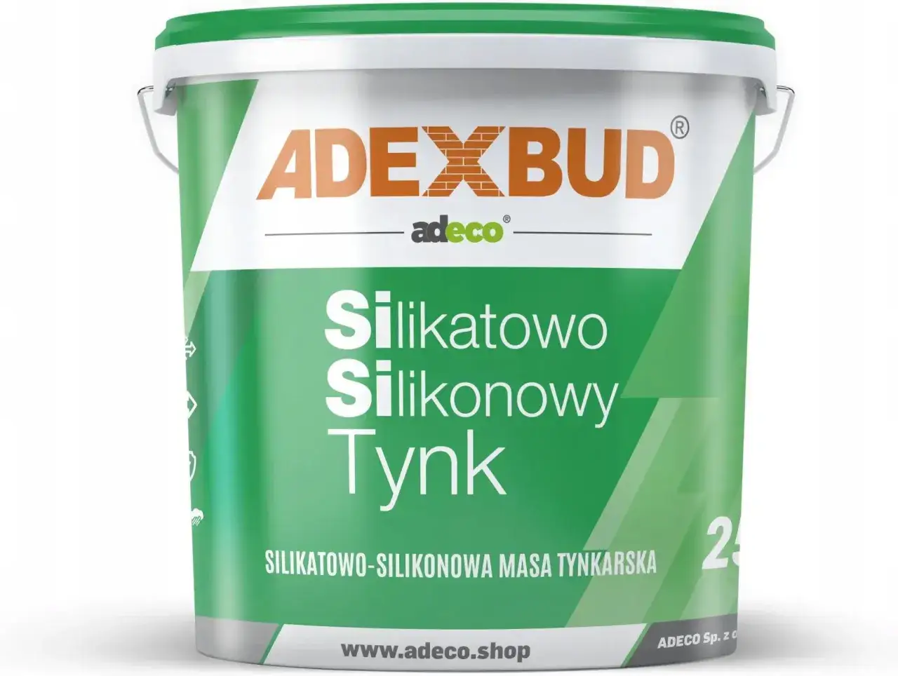 Wiadro z zielonym tynkiem silikatowo-silikonowym ADEXBUD. Idealny do elewacji, zapewnia trwałość i estetykę.