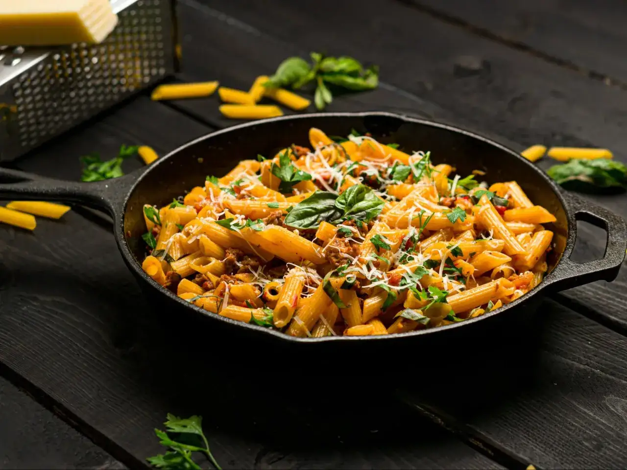 Makaron penne z mięsem mielonym i ziołami w żeliwnej patelni.