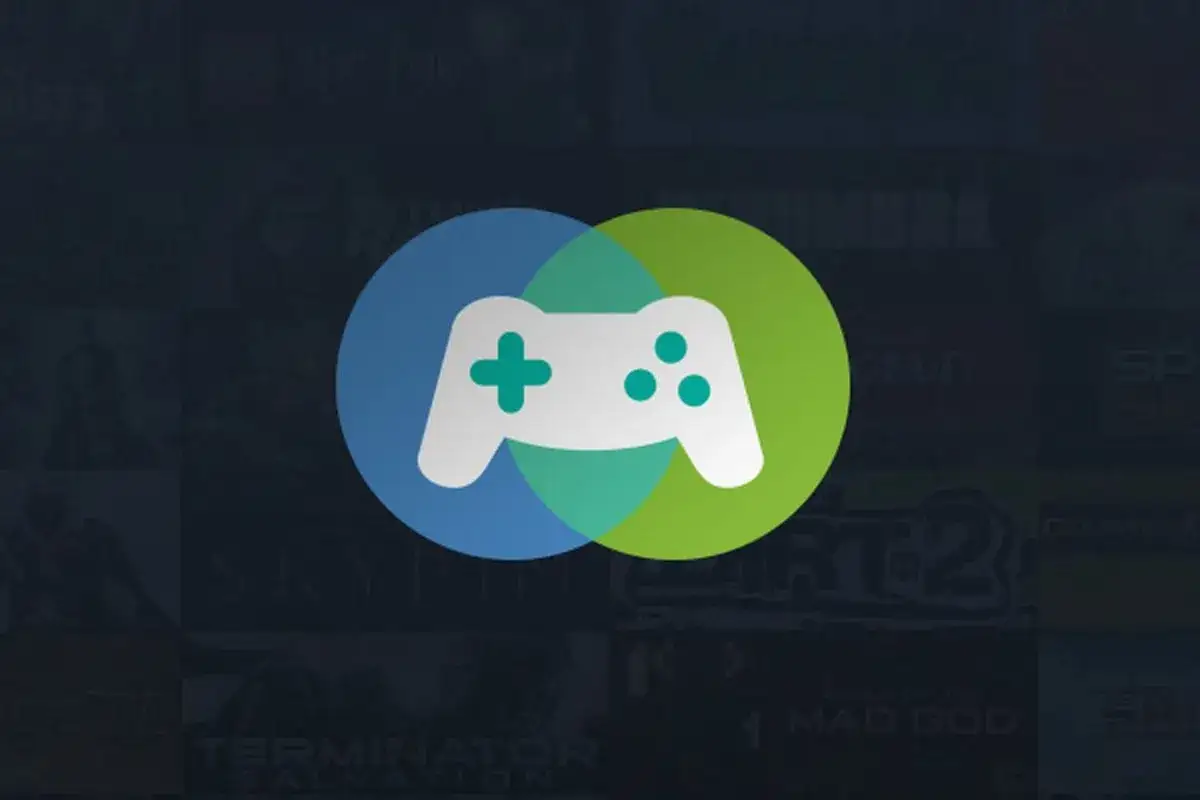 Ikona gamepada na tle nakładających się kół i okładek gier.