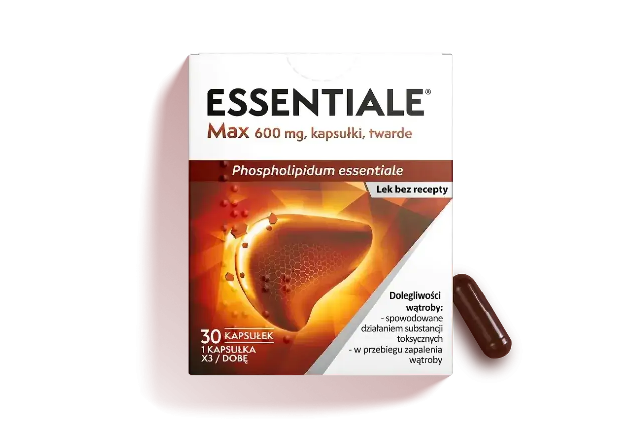 Opakowanie leku Essentiale Max z grafiką wątroby i kapsułką.